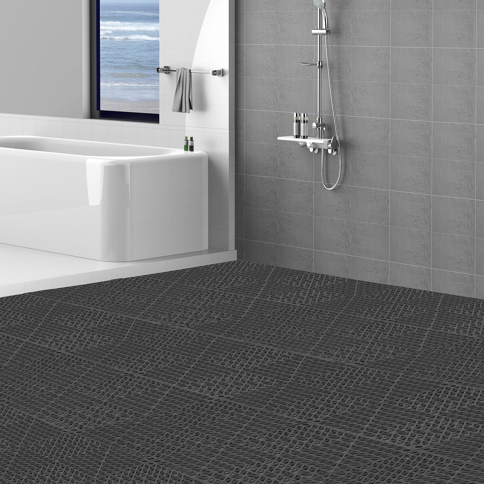 Modular Interlocking Cushion, 12 Pack 30 × 30 cm Splicing Drainage Mats, Bathroom, Kitchen, Pool, Wet Area, Black — image 3