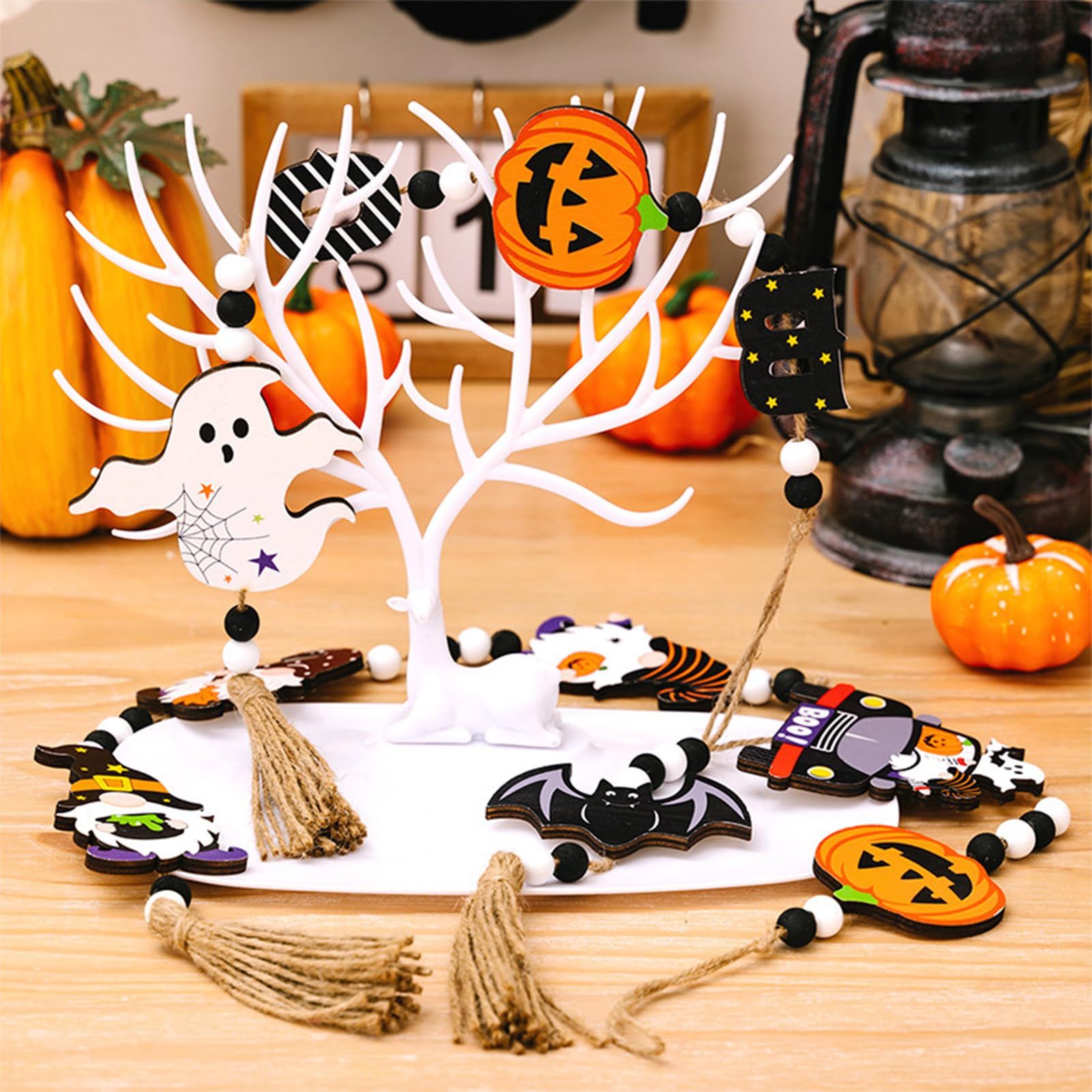3pcs Halloween Wooden Bead Wreath Farmhouse Tree Pumpkin Spider Skeleton Ghost Plaque Wall Decoration Bead String β image 2
