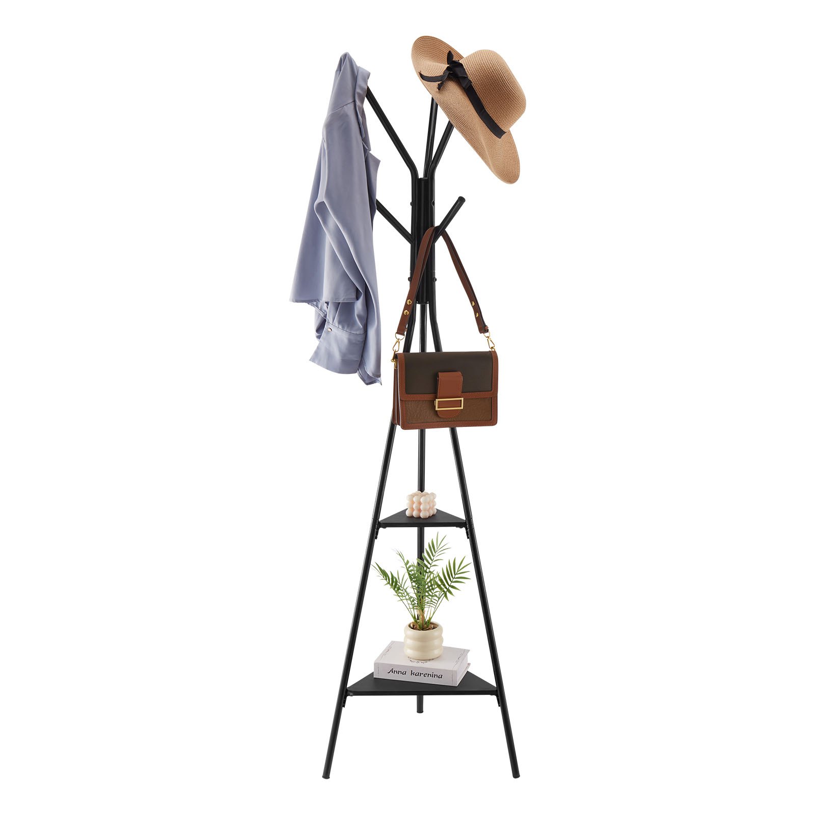 Gold Coat Rack, Freestanding Coats Rack Stand with 2 Shelves & 6 Hooks, Free Standing Hall Coat Tree — image 2