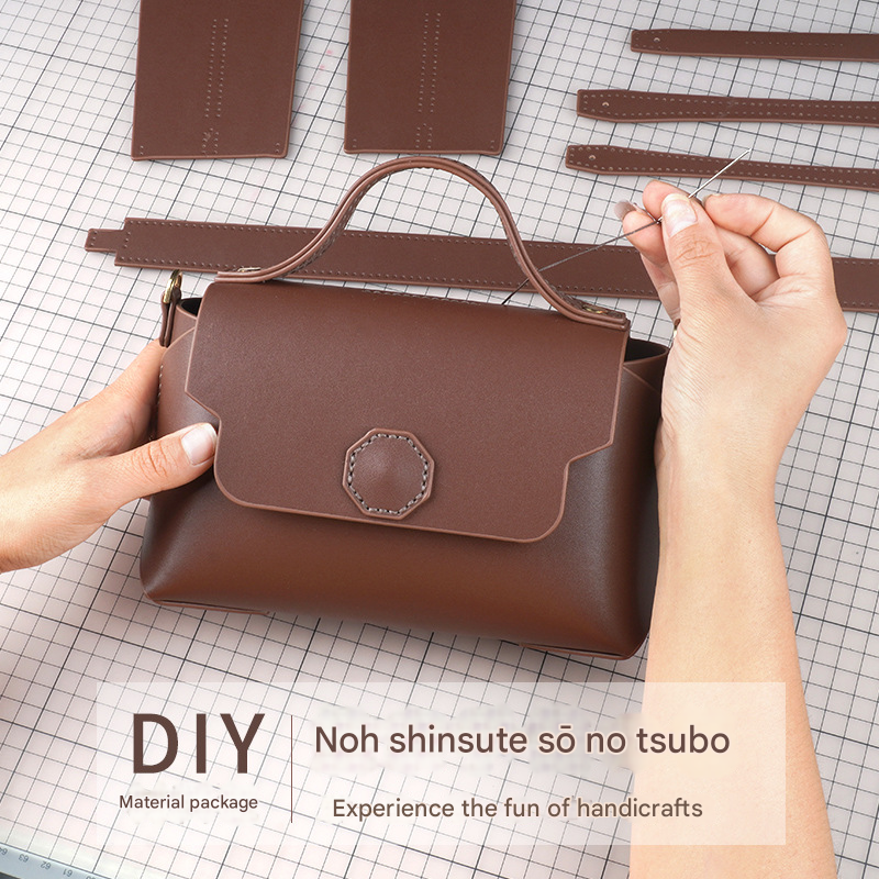 Pink Leather Bag DIY Kit – Geometric Shoulder Bag Making Material Set with Pre-Punched Cowhide, Tools for Hand Stitching — image 2