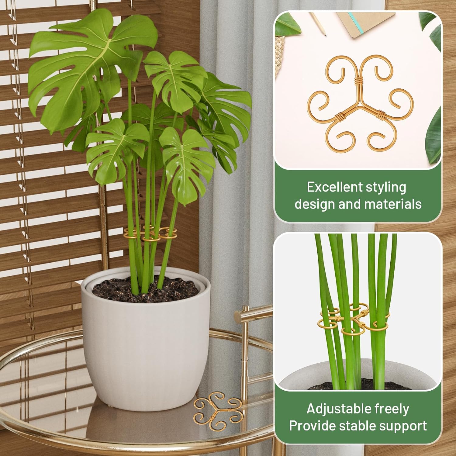 10.5cm x 10.5cm Gold Plant Stem Supports 4 Pack - Indoor Plant Stakes for Tall Plants, Monstera - Plant Anchoring Hooks for Indoor Gardens — image 4