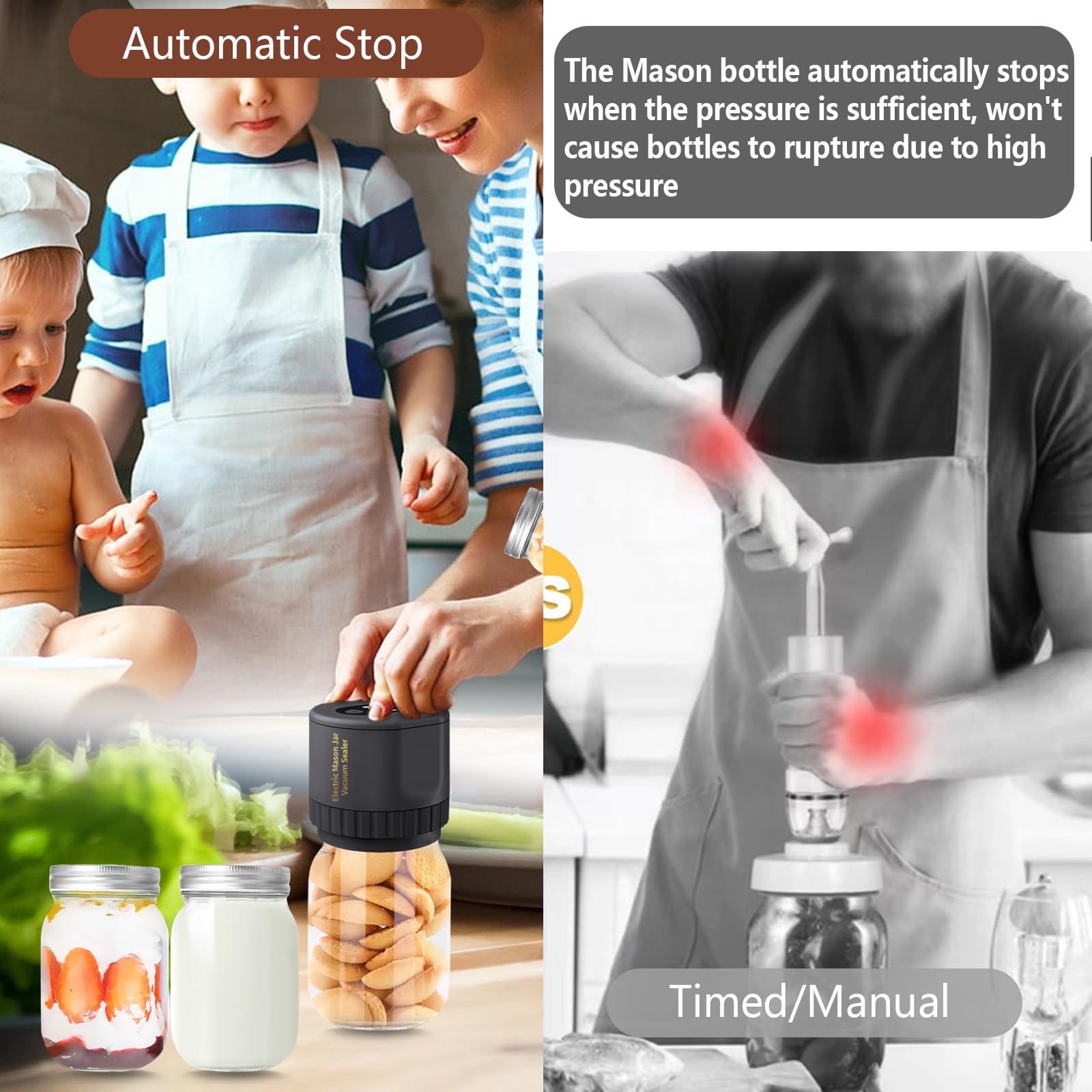 Black Electric Mason Jar Vacuum Sealer Kit โ Portable Automatic Vacuum Sealing Machine with 80kPa Suction & Reusable Lids for Wide & Regular Mouth Jars โ image 4