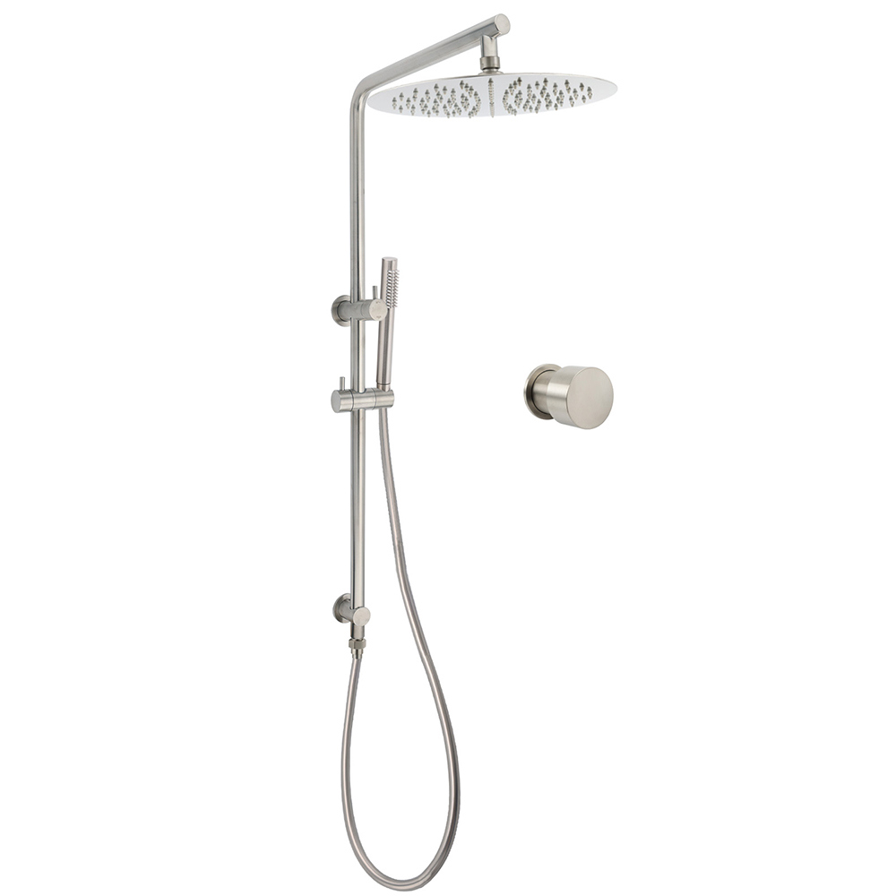 Brushed Nickel Dual Shower Set Sliding Rail Arm 12" Round Head Handheld Hot Cold Control Mixer Valve
