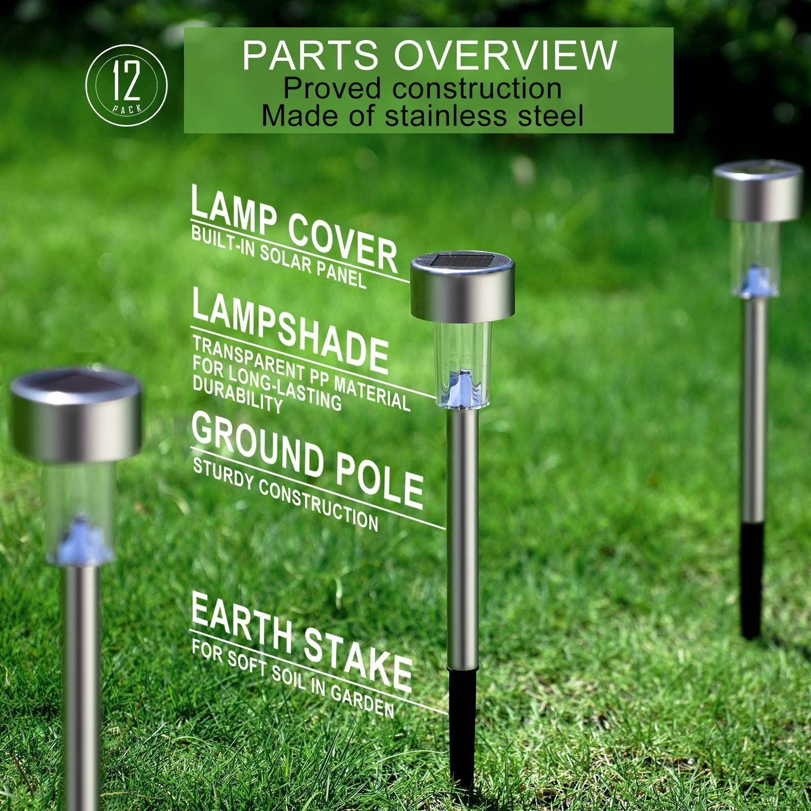 Solar Lights Outdoor Waterproof, Stainless Steel LED Landscape Lighting Outdoor Solar Lights for Outside -12 Pack ( Multicolor ) — image 2