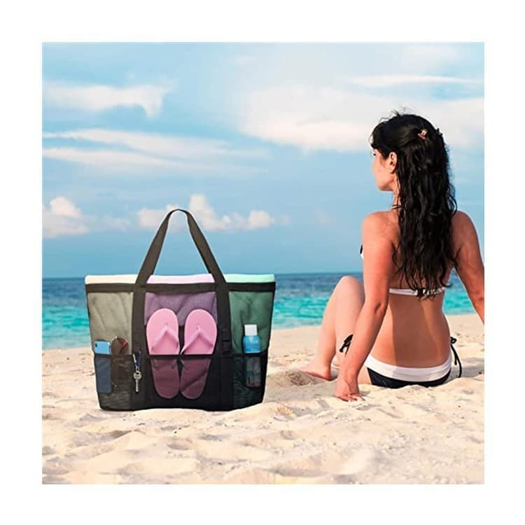 6 Pockets Mesh Beach Bag, Foldable Picnic Bag for Family, Compatible with Oral-B, Large, Black — image 6