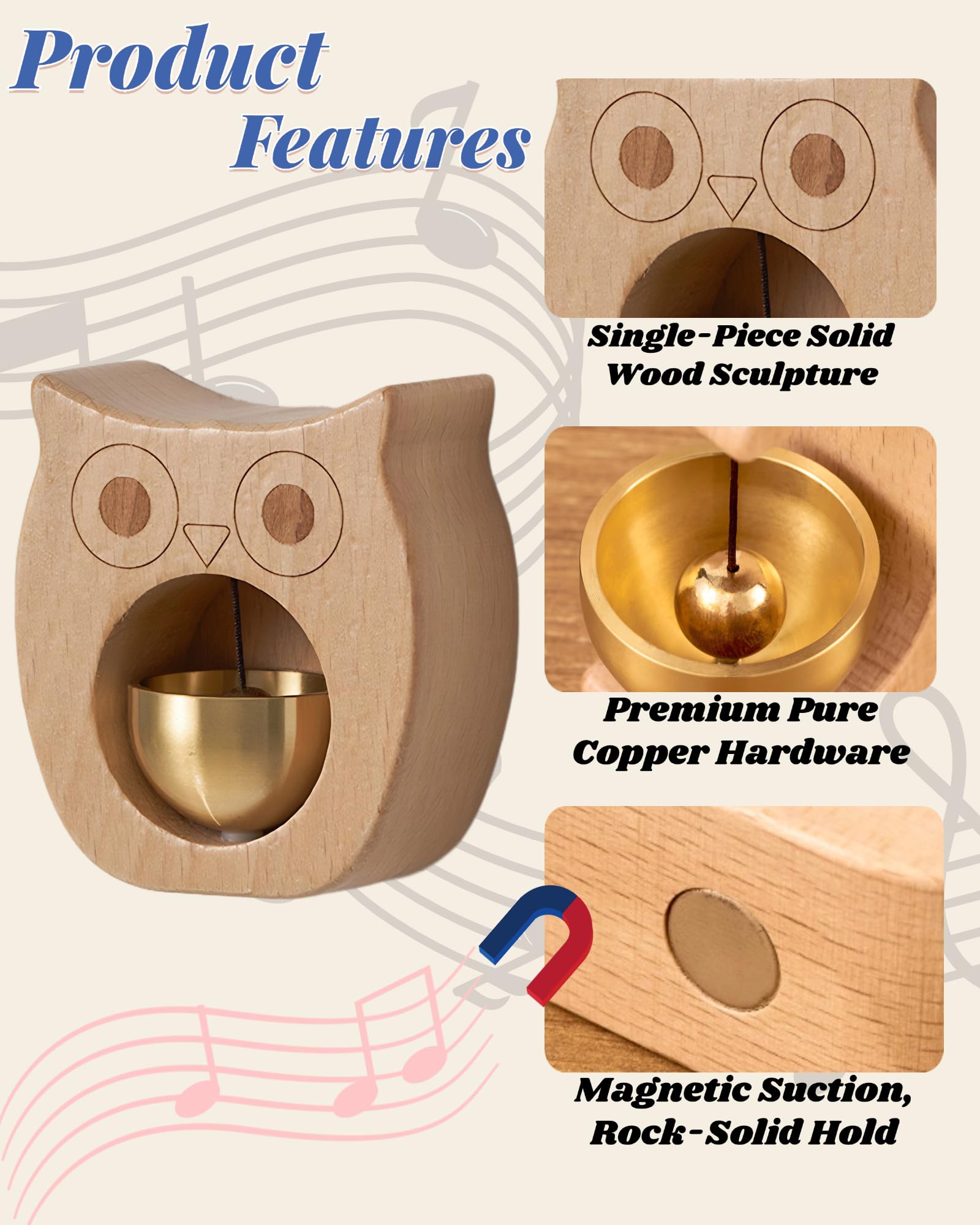1 Piece Vintage Wooden Door Bell with Copper Chime and Magnetic Mount for Entryways and Bedrooms, Beech Owl Design — image 3