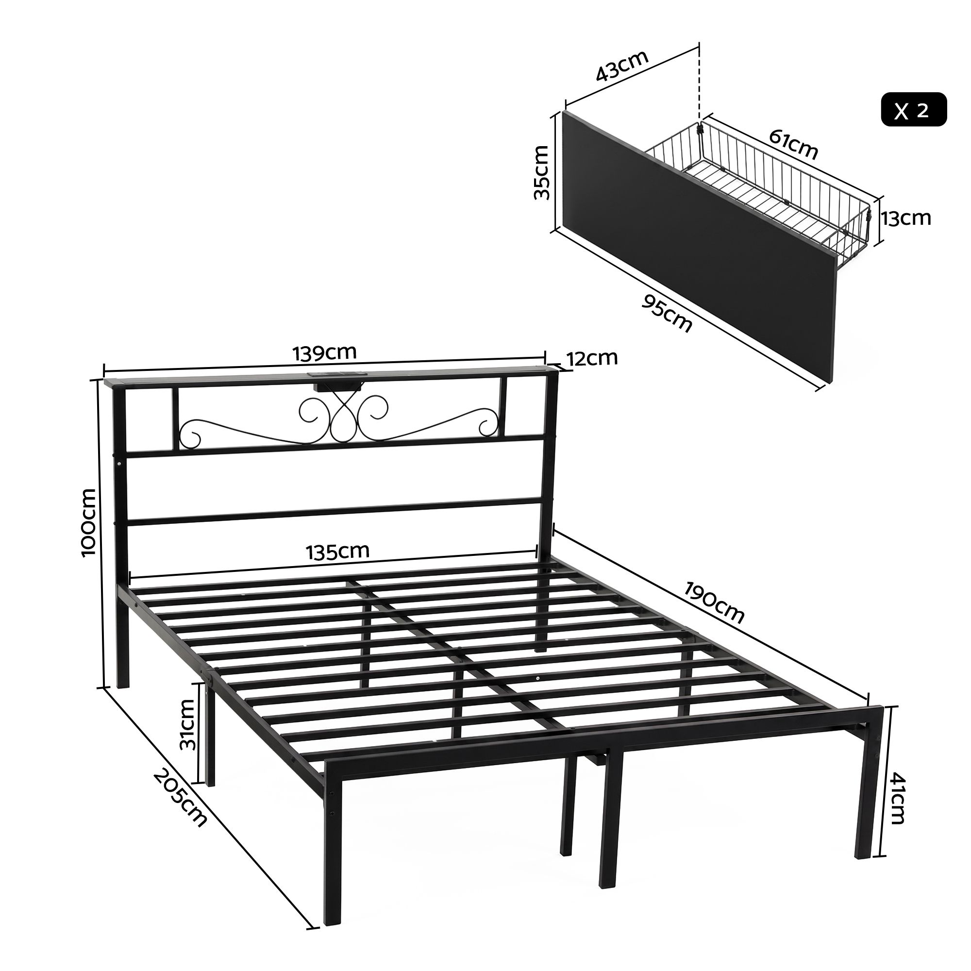 Artiss Double Bed Frame with Charging Station & Storage Drawers Metal โ image 3
