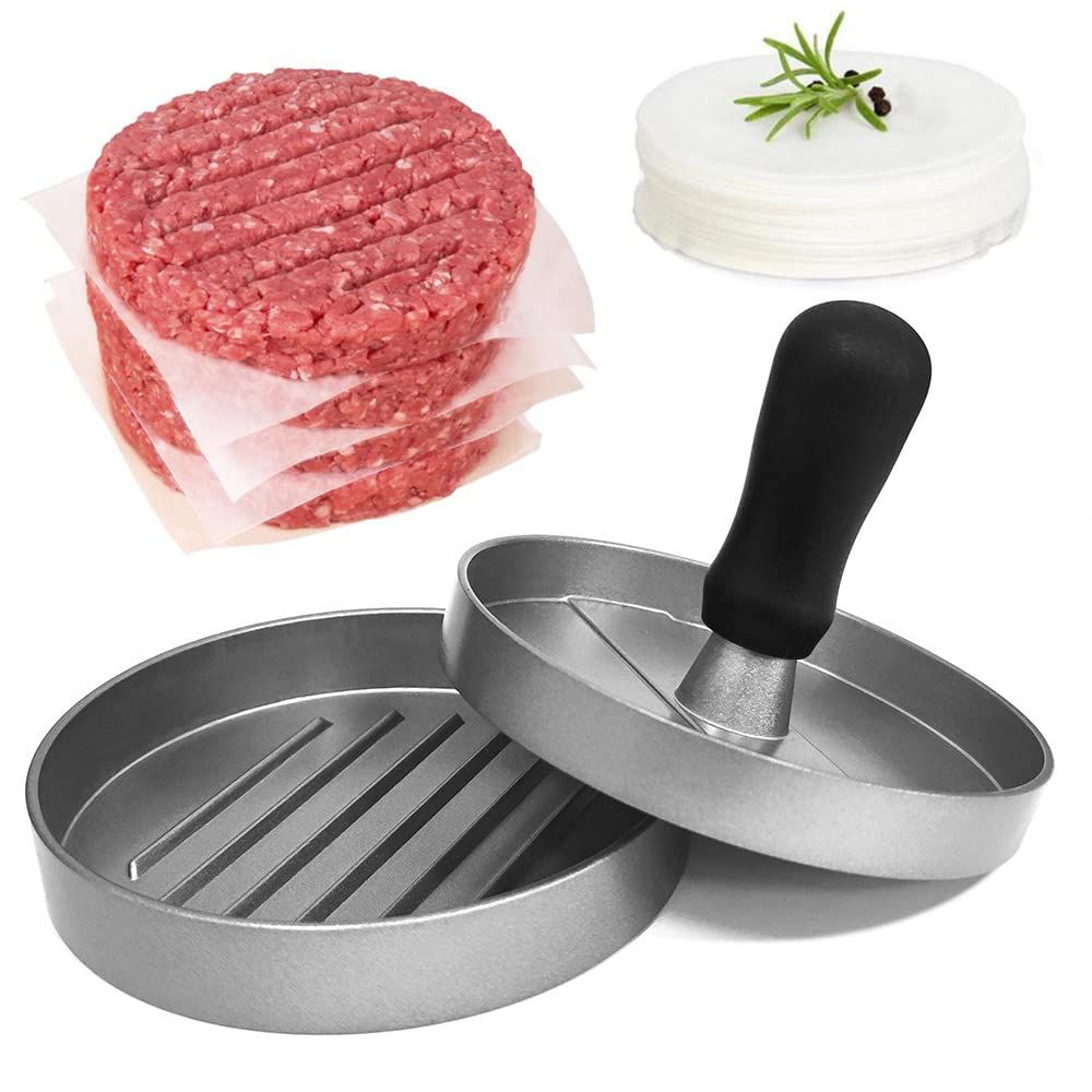 Burger Press Hamburger Press Patty Maker with 100 Patty Papers Aluminum Hamburger Mold Non-Stick, BBQ Grill Accessories Kitchen