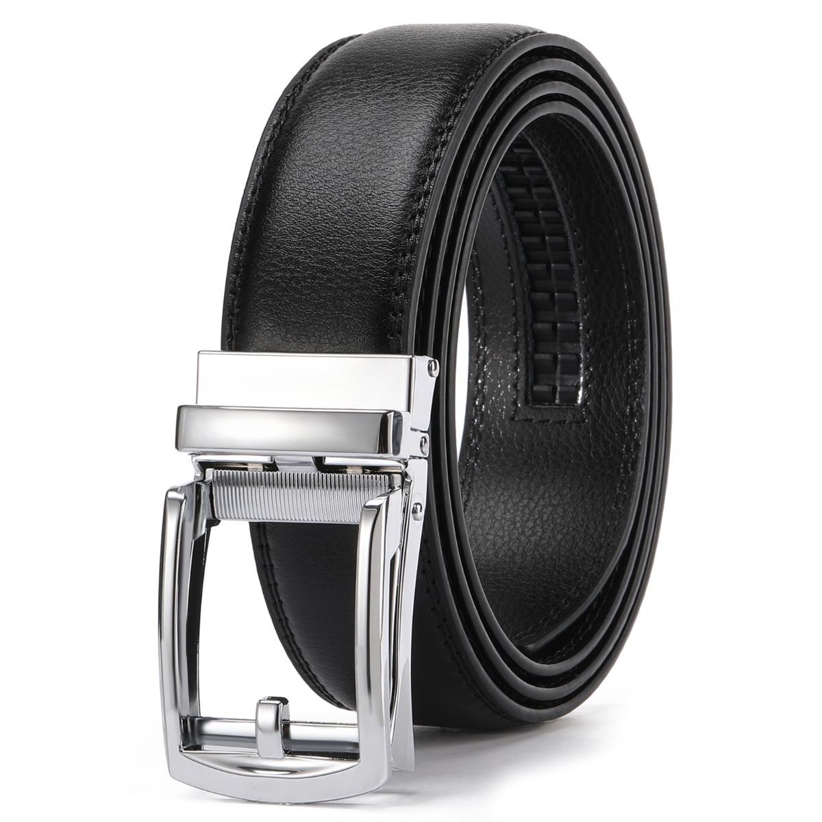 Ratchet Belt for Men Genuine Leather - Micro-Adjust Buckle Trim to Fit Dress Belt Casual to Formal Gift Boxed - Basic Silver - Black - Size 34"-40" Waist