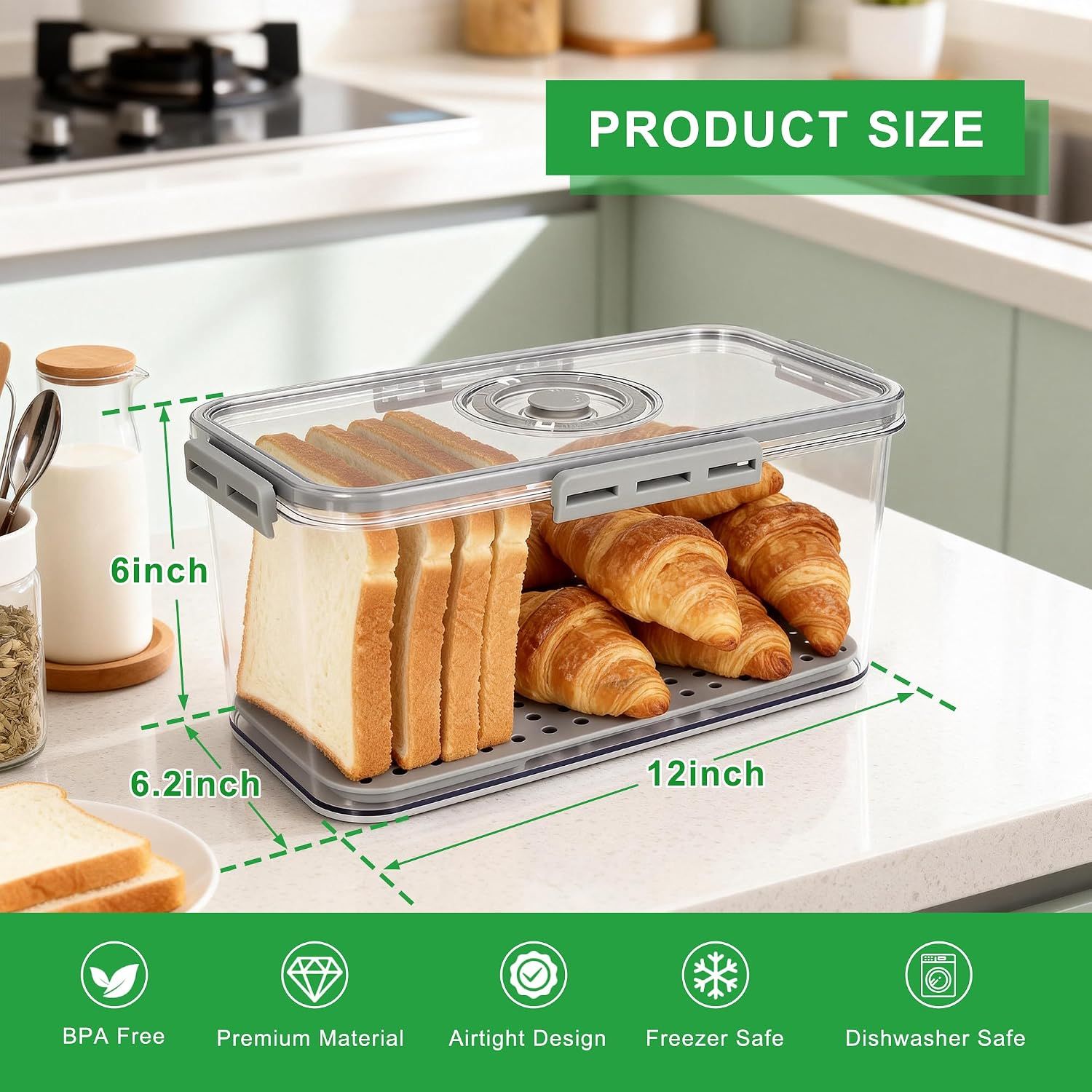 Clear Airtight Bread Storage Box, Kitchen Countertop Bread Keeper for Loaves, Bagels, Cookies and Homemade Baked Goods, Dishwasher Safe — image 2