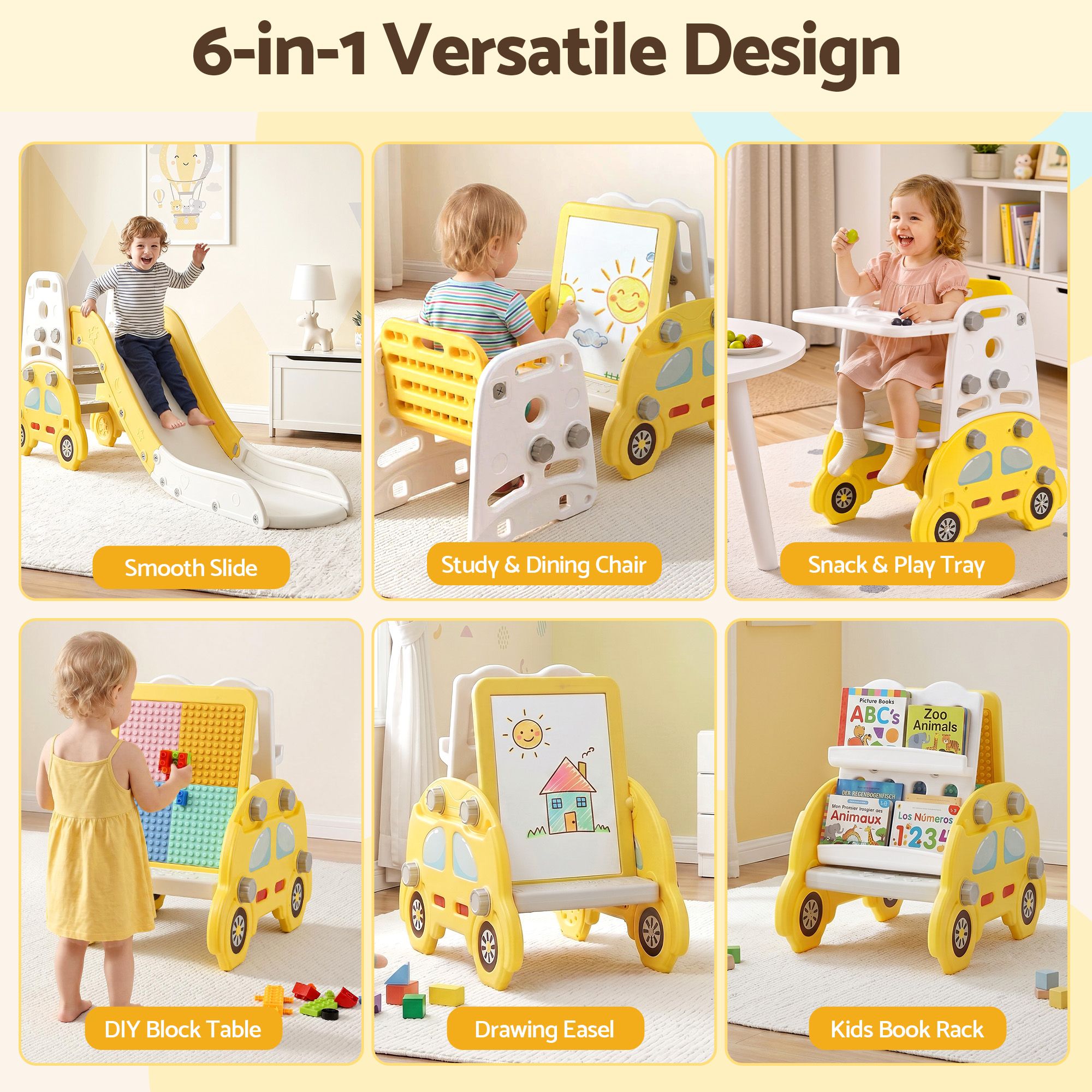 Keezi Kids Slide Set Toddler Indoor Playset Bookshelf Drawing Board Yellow โ image 4
