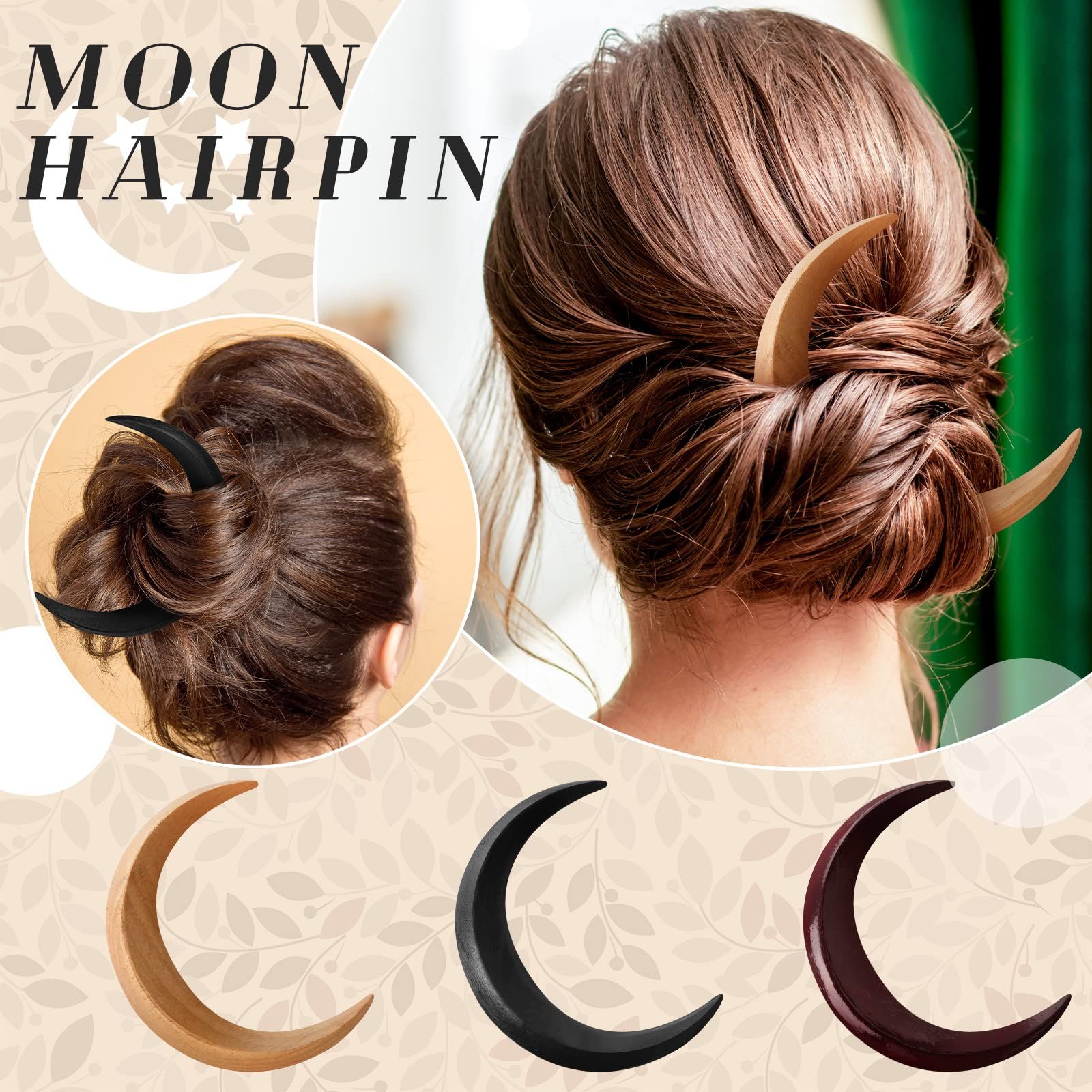 3 Pcs Hand Carved Crescent Moon Hair Fork for Women Moon Hair Stick Wooden Moon Hair Clip Crescent Moon Hairpin Wood Moon — image 3