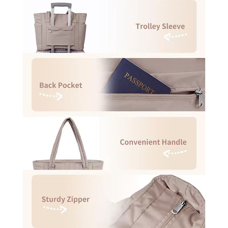 Khaki Quilted Puffer Nylon Tote/Laptop Bag for Women with Internal Cup Holder and Front & Side Pockets - Multi-Pocket Travel Handbag 15.7 x 12.2 x6.3" — image 5