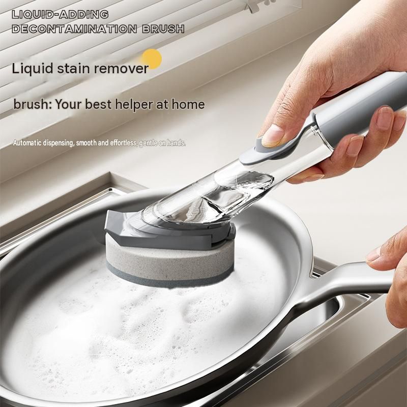 Grey Long Handle Liquid Dispensing Dish Brush（1 brush head+ 2sponge brush head） - TPR and PP Construction - Press Button Soap Release, Non Slip Grip — image 2