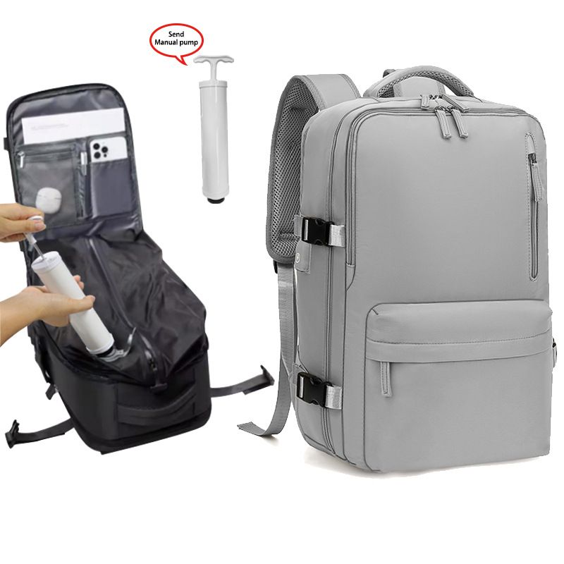 Grey 35L Vacuum Compression Travel Backpack with Manual Air Pump, Shoe Zone and 15.6" Laptop House - Waterproof Suitcase Style Carry On Bag for Men Women