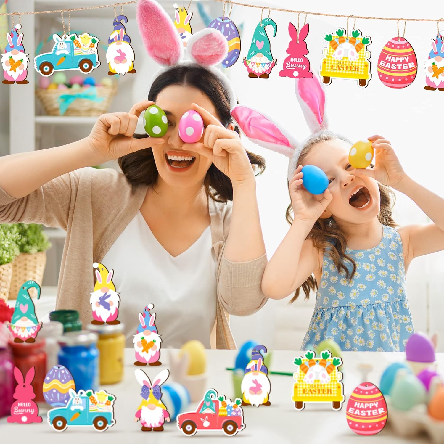Glenmal 36 Pcs Happy Easter Ornaments for Tree Easter Wooden Hanging Ornaments Egg Bunny Tree Decorations Spring Gnome Chick Wood Slices Pendant with Rope for — image 3