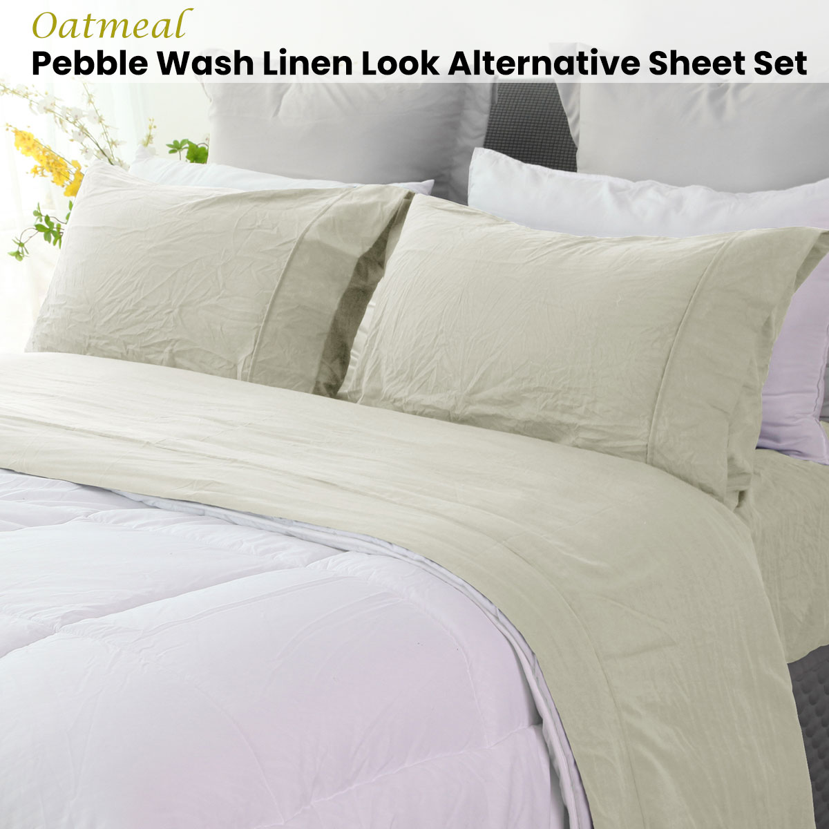 Ramesses Oatmeal Pebble Wash Linen Look Alternative Sheet Set Single โ image 2