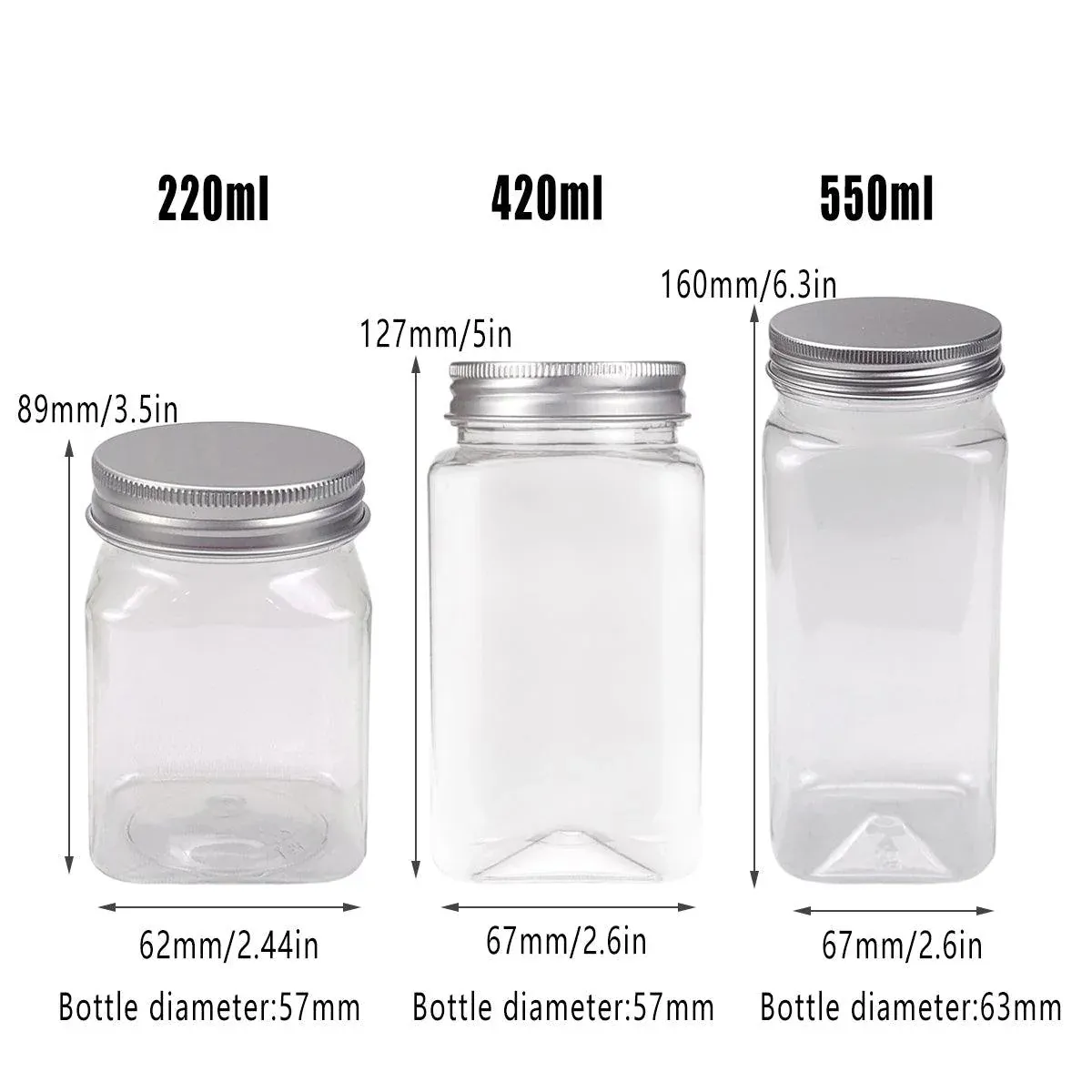 20pcs Square Transparent Plastic Bottle with Aluminum Cap Sealed Jar for Food Storage - 550ml — image 4