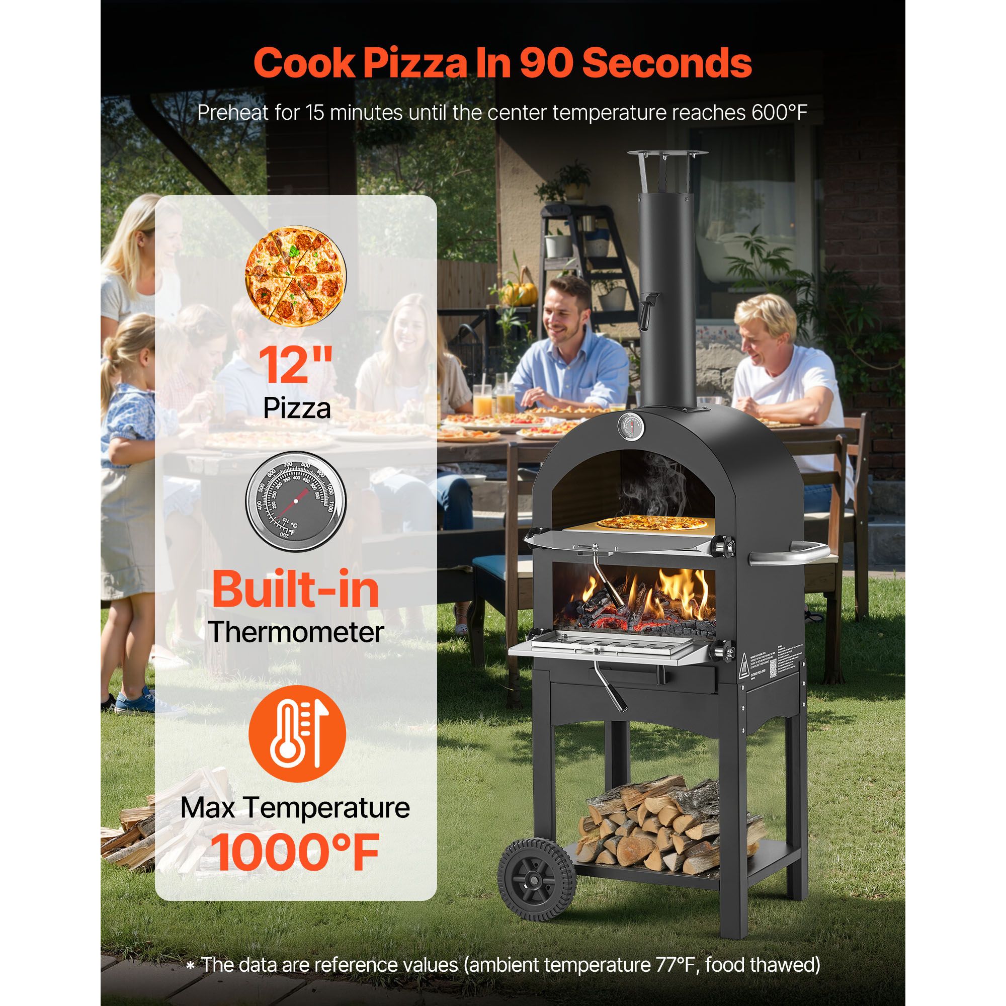 Outdoor Pizza Oven, 12" Pellet Fire Ovens, 2-Layer Pizza Oven Wood Fired, Wood Burning Outdoor Pizza-Oven with 2 Removable Wheels, 1000℉ Max Temperature Fired — image 2