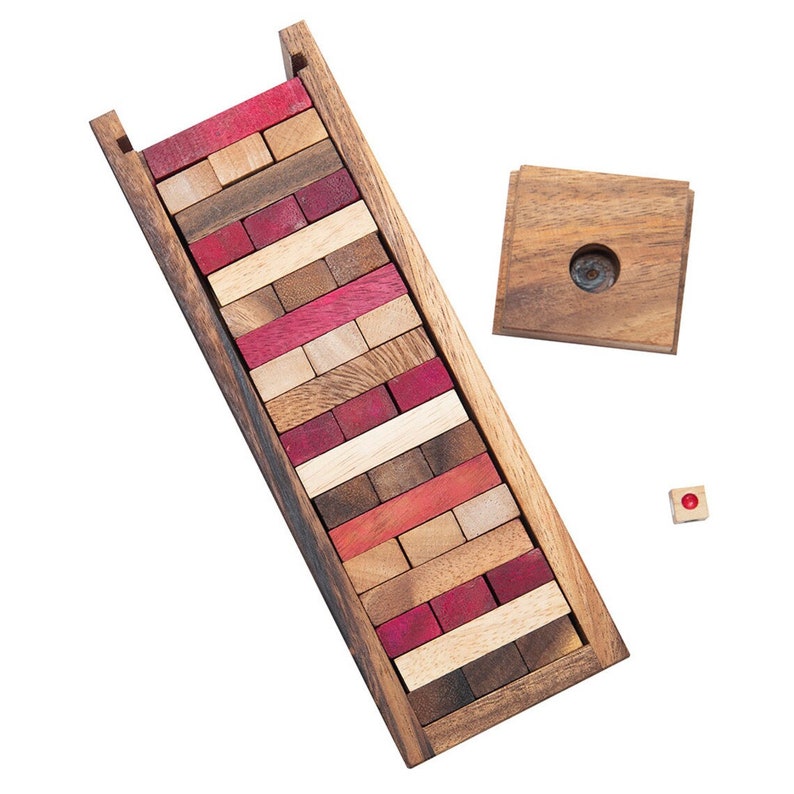 Stacking tumbling blocks wood Red colours balance game with dice play options handmade stacking Fun Board Games Kids Ages 4 to Adults — image 3