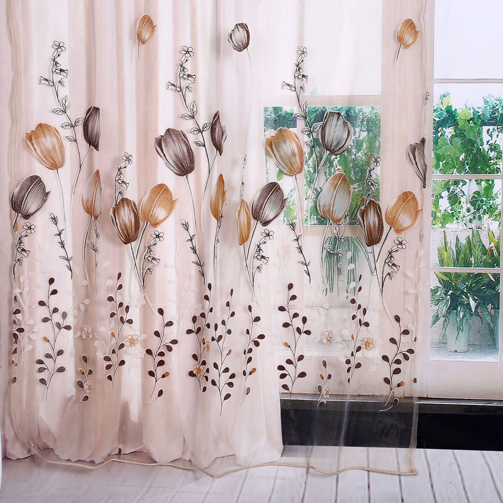 100*200cm Tulips Printing Tulle Curtains Sheer Drape Balcony Window Decoration Orange โ image 3
