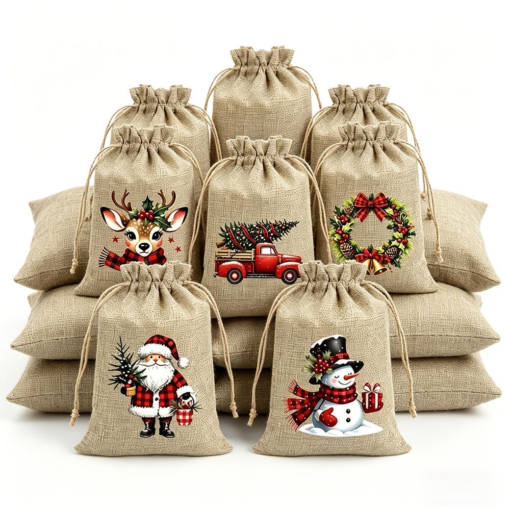 Christmas Gift Bags Linen Gift Bags Drawstring Gift Bags Reusable Gift Bags - Original hemp color - Size 10-15CM โ image 6