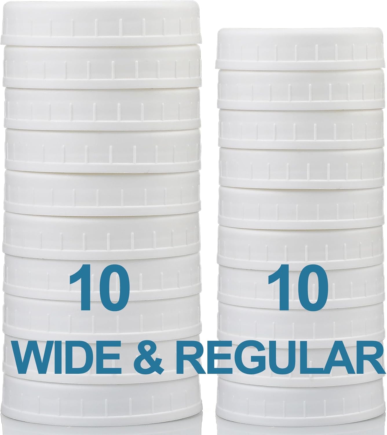 10 WIDE Mouth & 10 REGULAR Mouth Mason Jar Lids - 20 Pack Food Grade Plastic Mason Jar Caps for Ball, Kerr and More Canning Jars - Leakproof & Dishwasher Safe