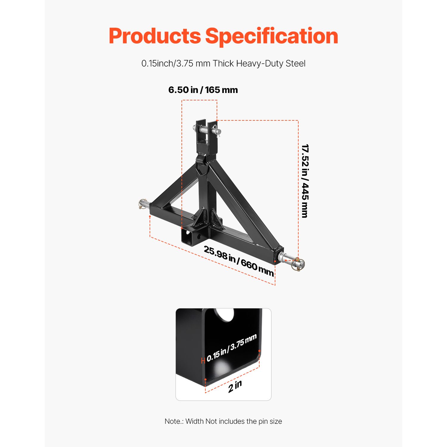 3 Point Hitch Receiver with 2 in Receiver, 3pt Quick Hitch Attachment, 3,000 lbs Capacity, Heavy Duty Tractor Tow Drawbar Adapter, Compatible with Kubota — image 3