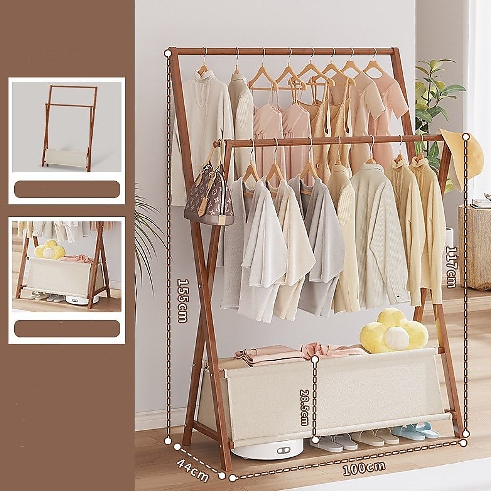 100x155cm Dark Wood Clothes Rail Garment Rack with Freestanding Storage Shelf โ image 5