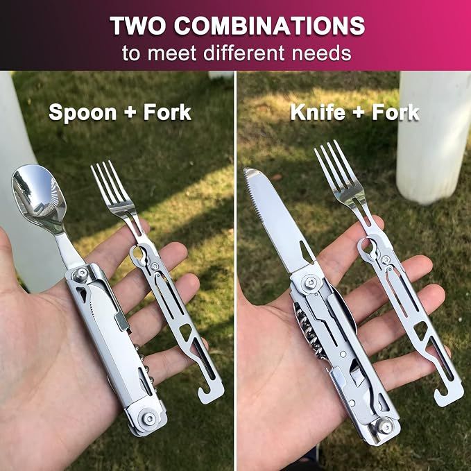 6 in 1 Detachable Camping Utensils Flatware Set, Multifunction Travel Pocket Cutlery Folding Spoon, Fork, Knife, Wine Bottle Can Opener Portable Combo Set โ image 3