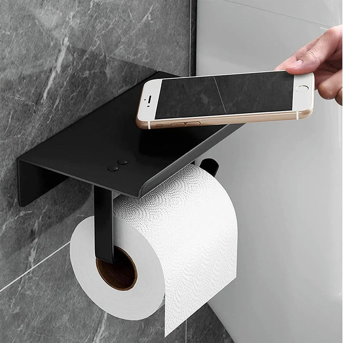 304 Stainless Steel Toilet Paper Holder Non-perforated Roll with Phone Rack - Black โ image 6