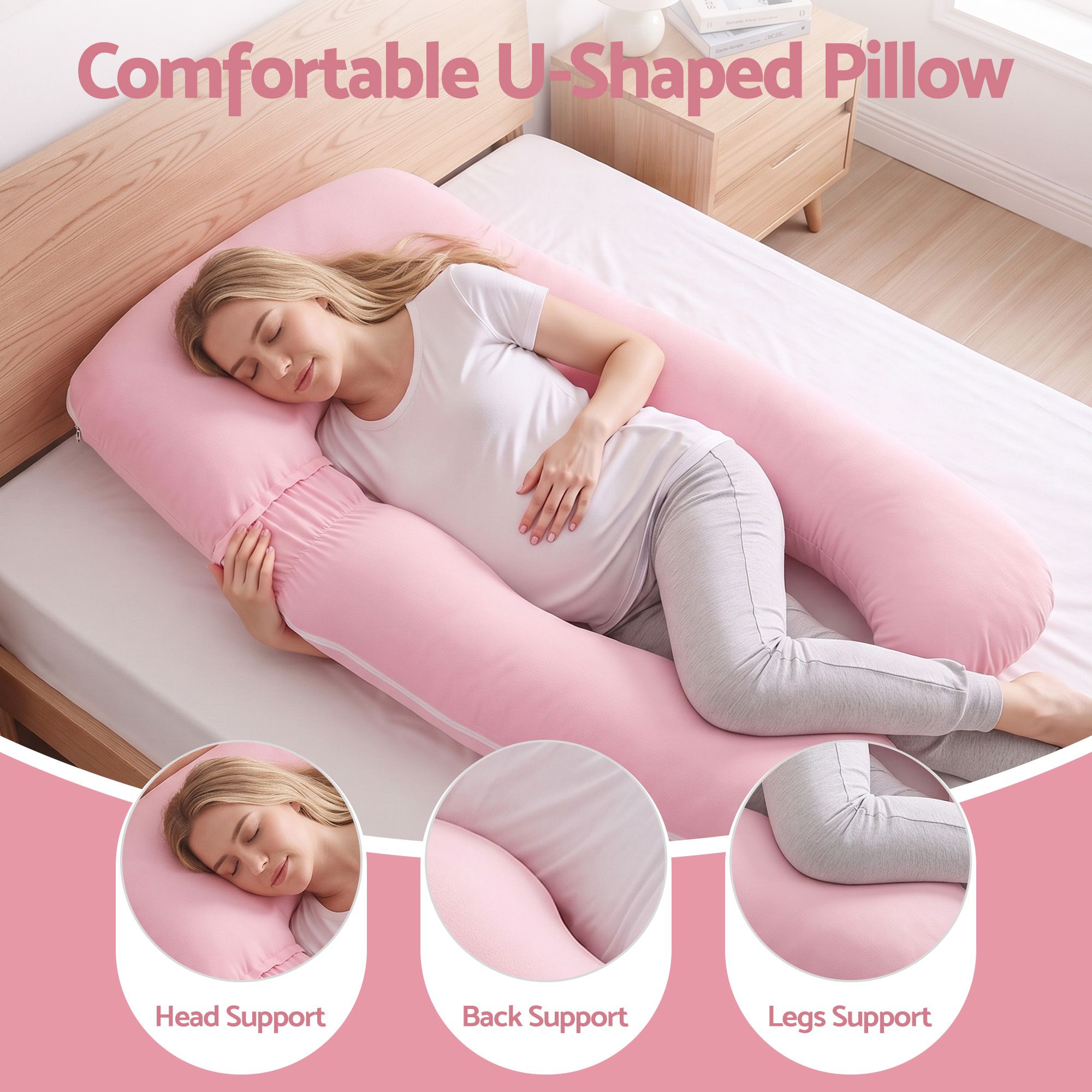 Giselle Bedding Pregnancy Pillow U Shaped Full Body Pillow with 100% Cotton Jersey Cover Maternity Pillow for Sleeping Reading, Pink, 73x133cm โ image 4
