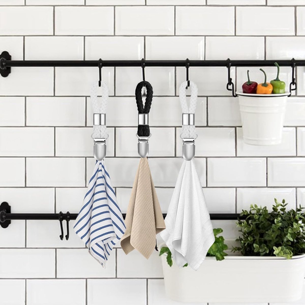 6 pieces - towel clips - bath towel clip - metal kitchen tea towel hooks - with woven cotton rope loop - for hanging tea towel holders in kitchen, bathroom — image 5