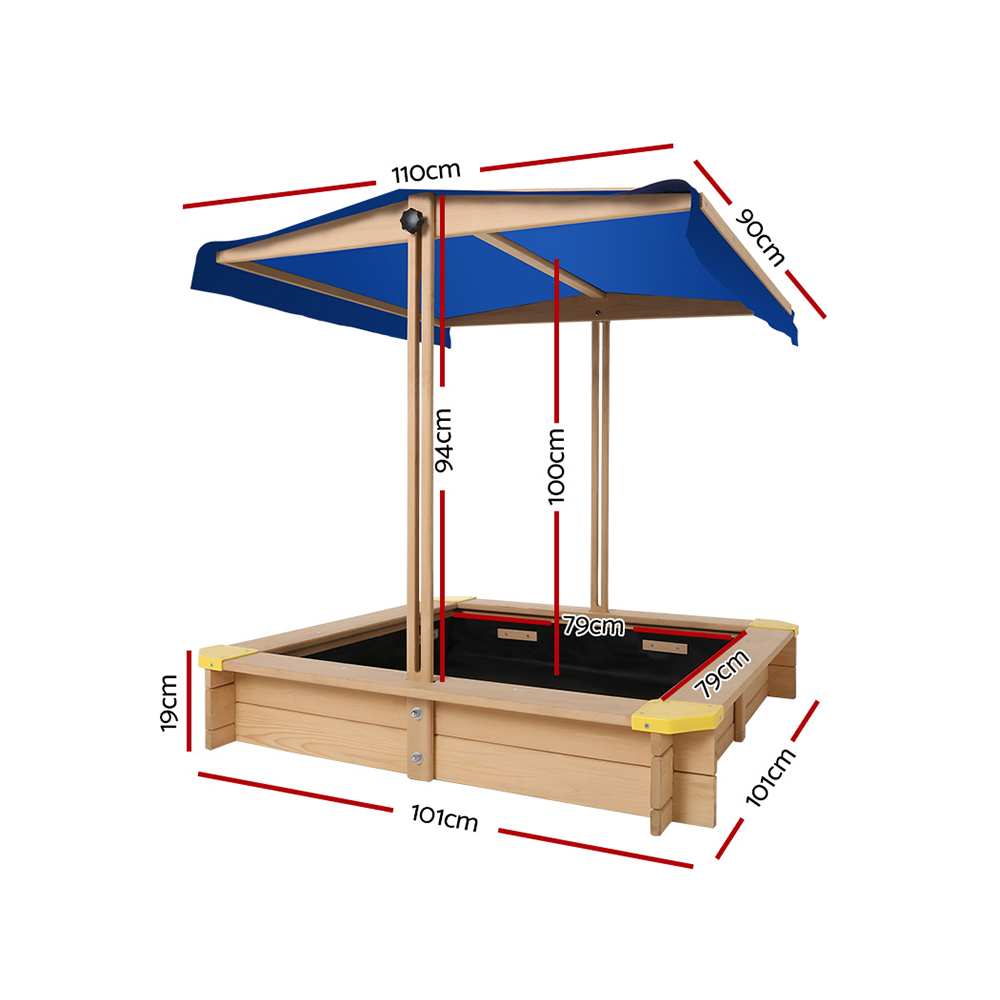 Keezi Kids Sandpit Wooden Sandbox Sand Pit with Canopy Bench Seat Toys 101cm — image 2