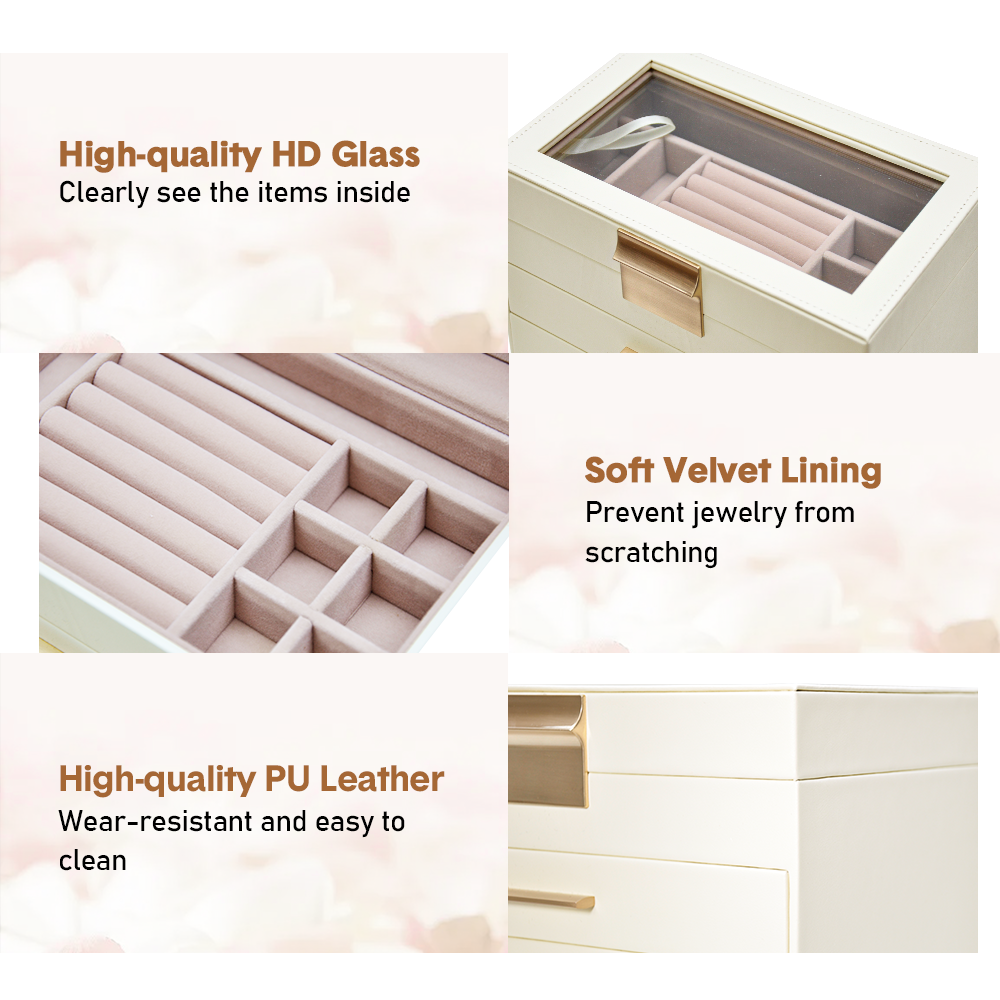 4 Layer Jewelry Box PU Leather Jewellery Organizer Multi-functional Storage Case with Clear Glass Lid and 3 Drawers for Necklaces Rings Earrings Watches — image 6