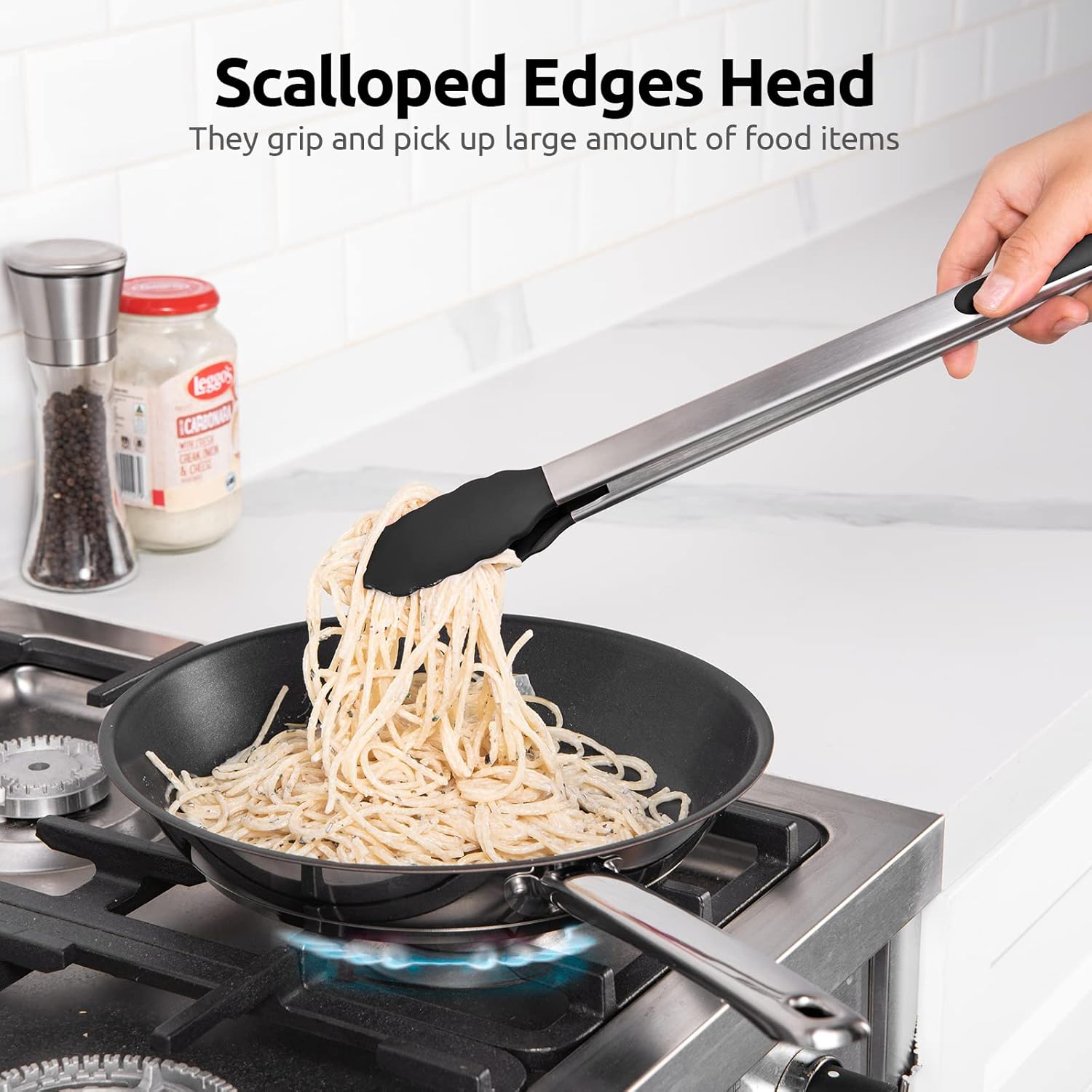 600ºF Heat Resistant 16in Silicone Cooking Tongs with Non Stick Rubber Tips (Black) and 12" Kitchen Tweezer Set: 18/8 Stainless Steel Food-Grade Metal Food — image 6