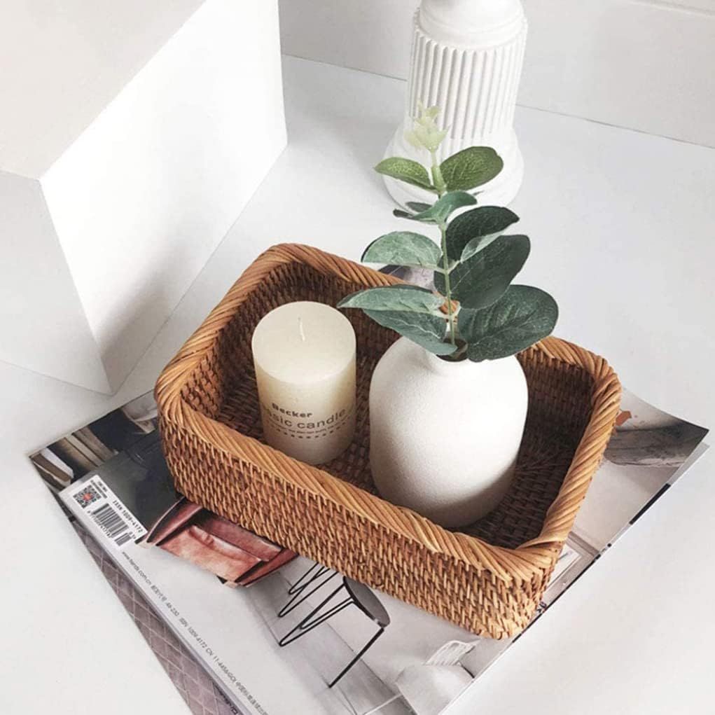 Rattan Storage Baskets Rectangle Woven Bread Basket Rectangular Wicker Serving Organizer Tray Rattan Fruit Basket, Stackable Wicker Organizer(20*14*7cm) — image 4