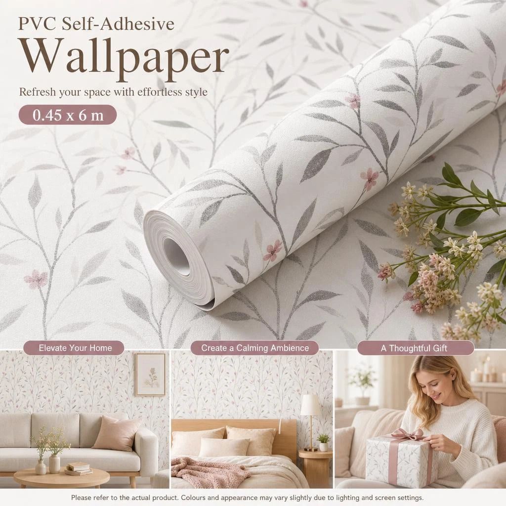 Self Adhesive Retro Background Wall Film 0.45 × 6M, White Base Floral Texture, Soft Aesthetic Decor