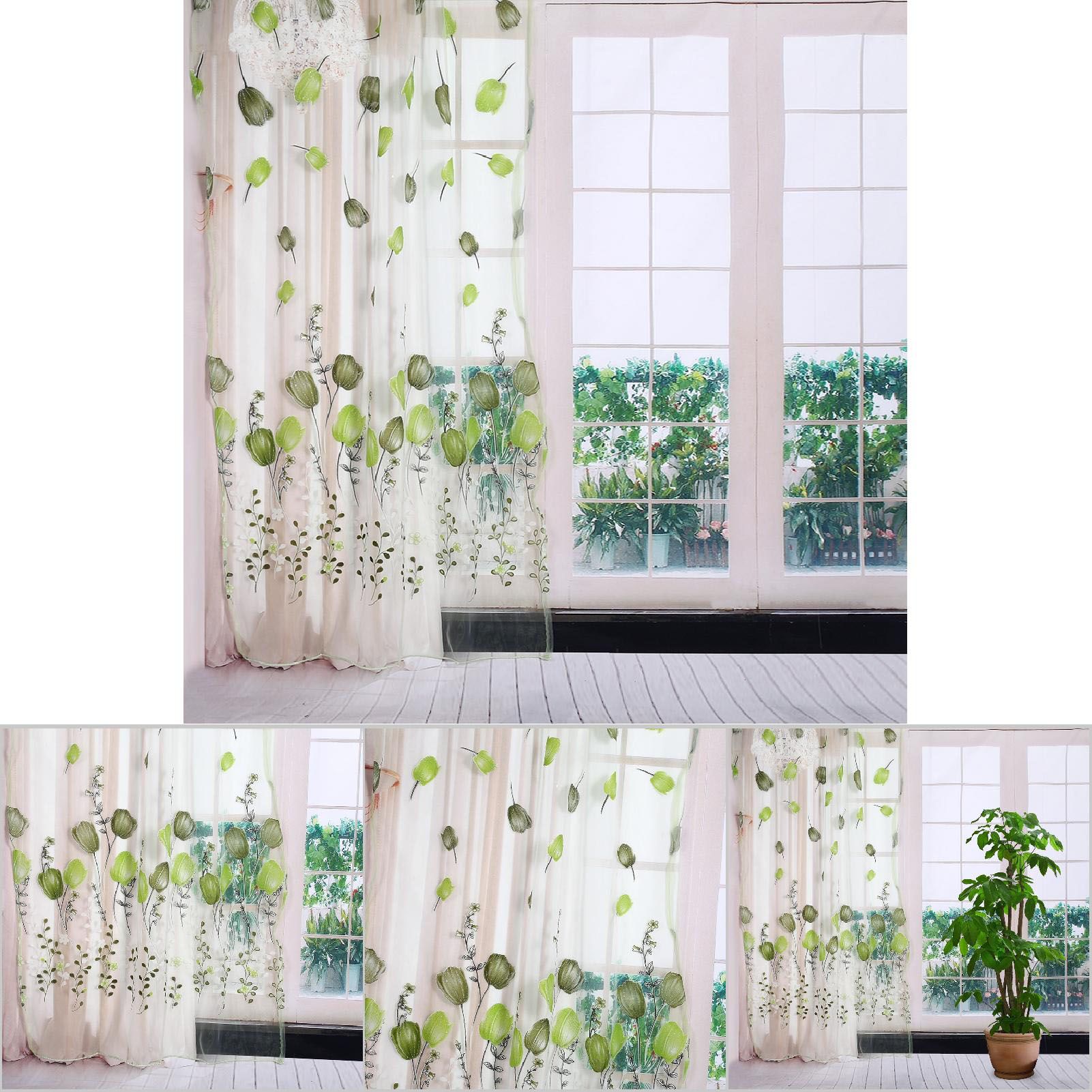 100*200cm Tulips Printing Tulle Curtains Sheer Drape Balcony Window Decoration Green — image 5
