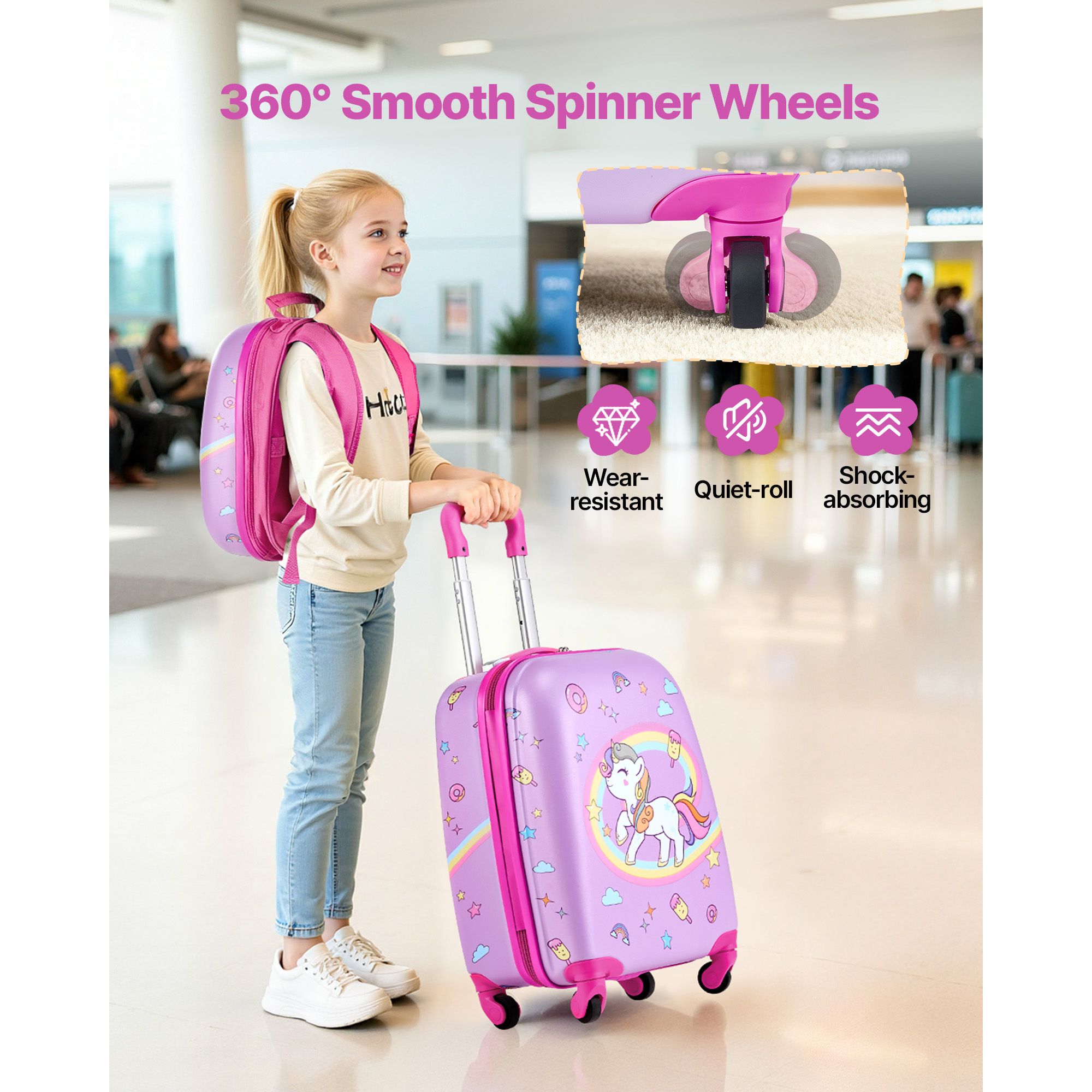 Kids Luggage Set, 2 Piece, 45.7 cm Hardside Rolling Wheels Suitcase with Hard-Shell Backpack, Unicorn Kids Carry on Luggage Set, Holiday Birthday โ image 4