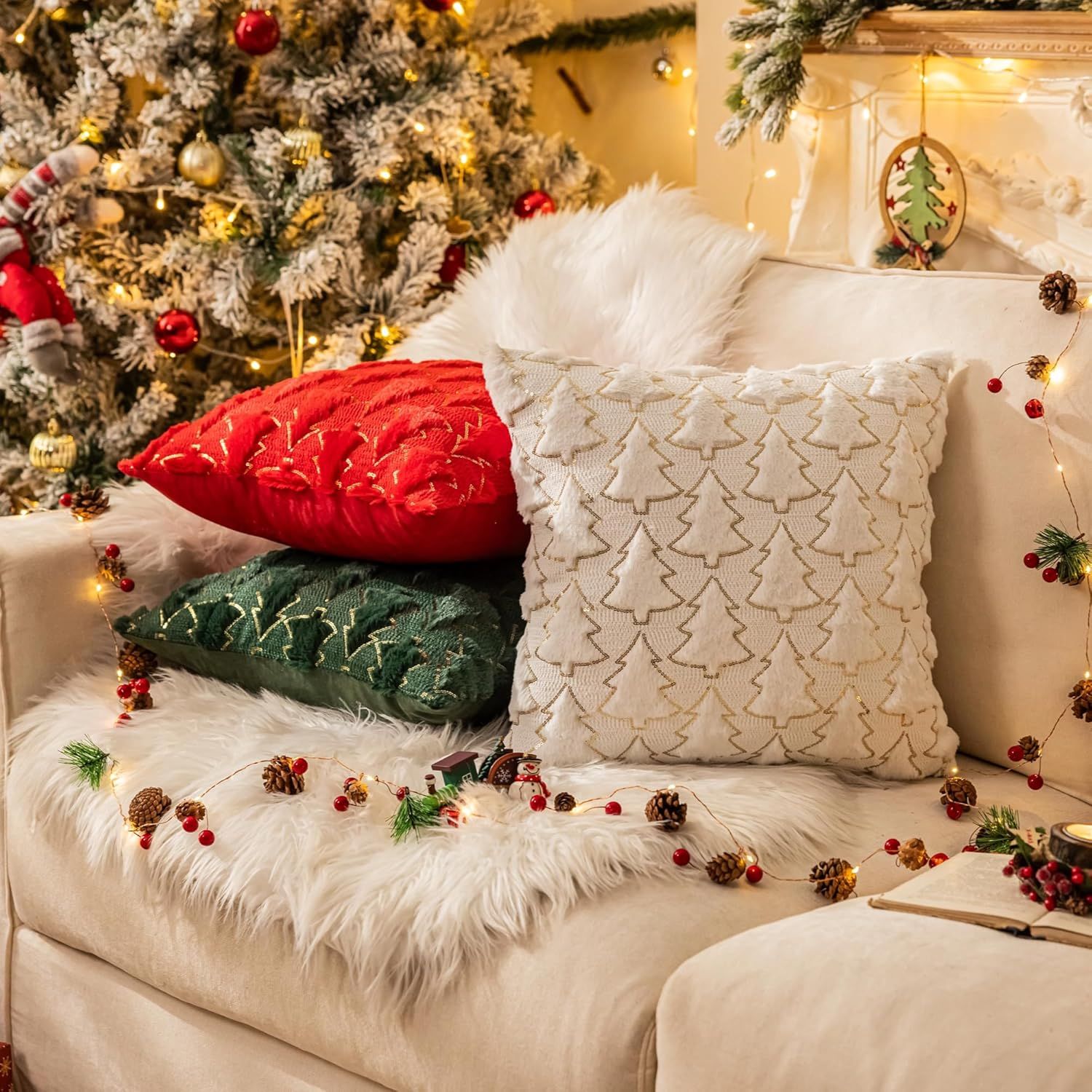 Christmas Tree Green Throw Pillow Covers 18x18, Soft Faux Fur Sequins Throw Pillows for Couch Sofa Bed Room Cushion Covers Holiday Decorations โ image 4