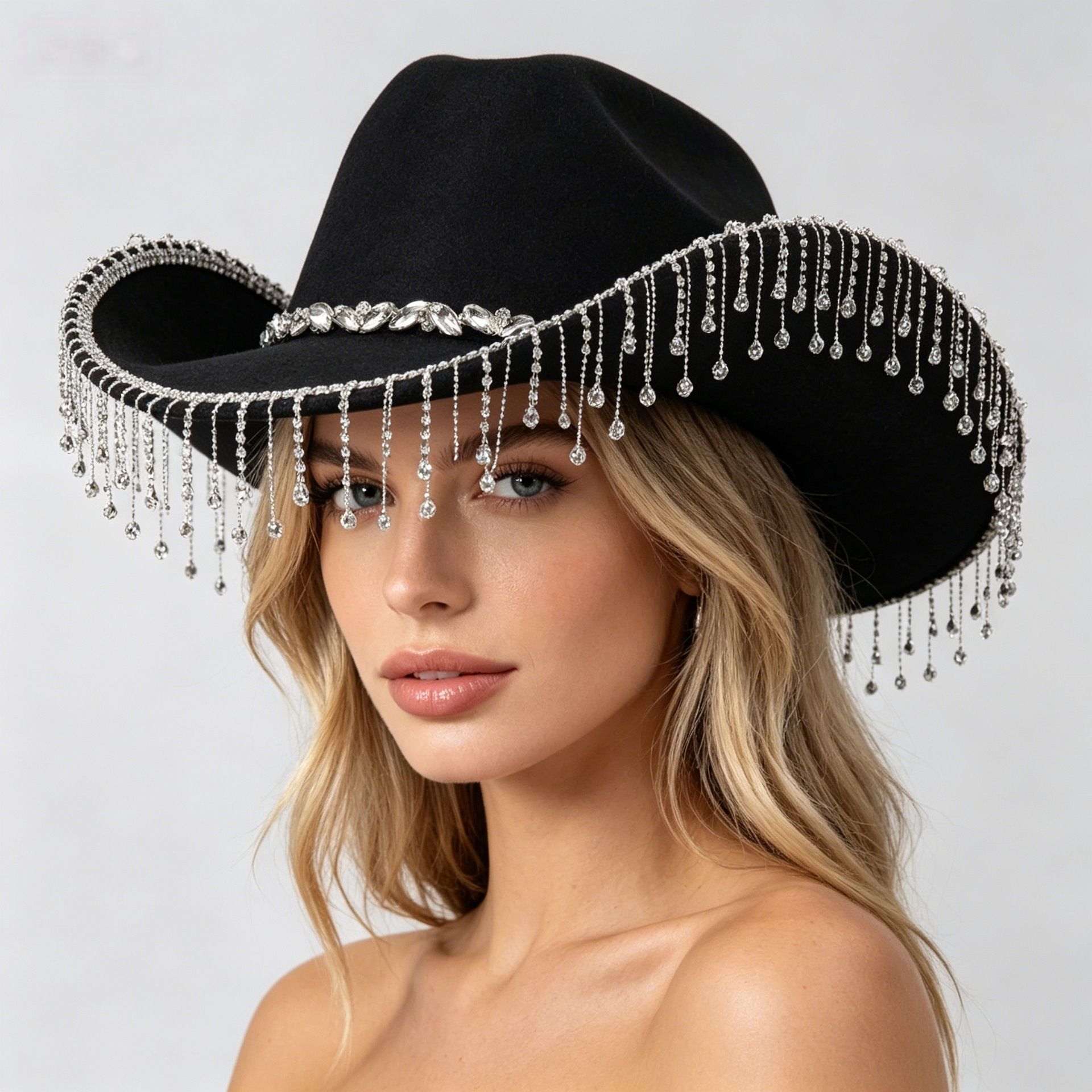 Western Cowboy Hat with Rhinestone Tassel Fringe - Black Felt-Style Party Hat with Decorative Chain for Festivals, Weddings and Stage Outfits โ image 3