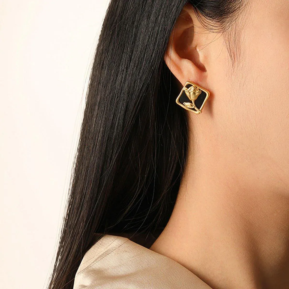 Vintage Matte Black Rose Square Stud Earrings Elegant Fashion Jewelry Women โ image 4