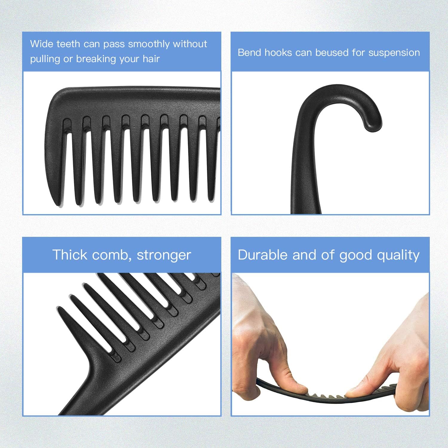 Wide Tooth Comb Shower Comb With Hook, Good for Curly Hair Wet Dry, Premium Tangle Free Combs Black — image 5