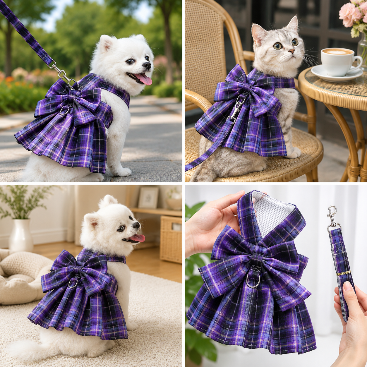 Dark Purple Plaid Pet Harness Dress with Leash for Small Dogs and Cats XS Size Bow Design Vest Outfit Walking Accessory โ image 2