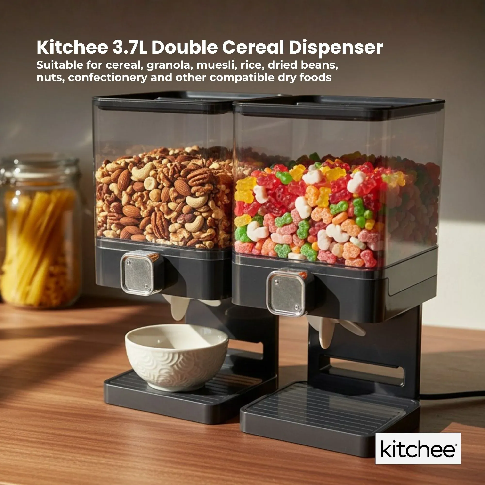 Kitchee 3.7L Double Cereal Dispenser Countertop Rice or Grain Storage Black — image 2