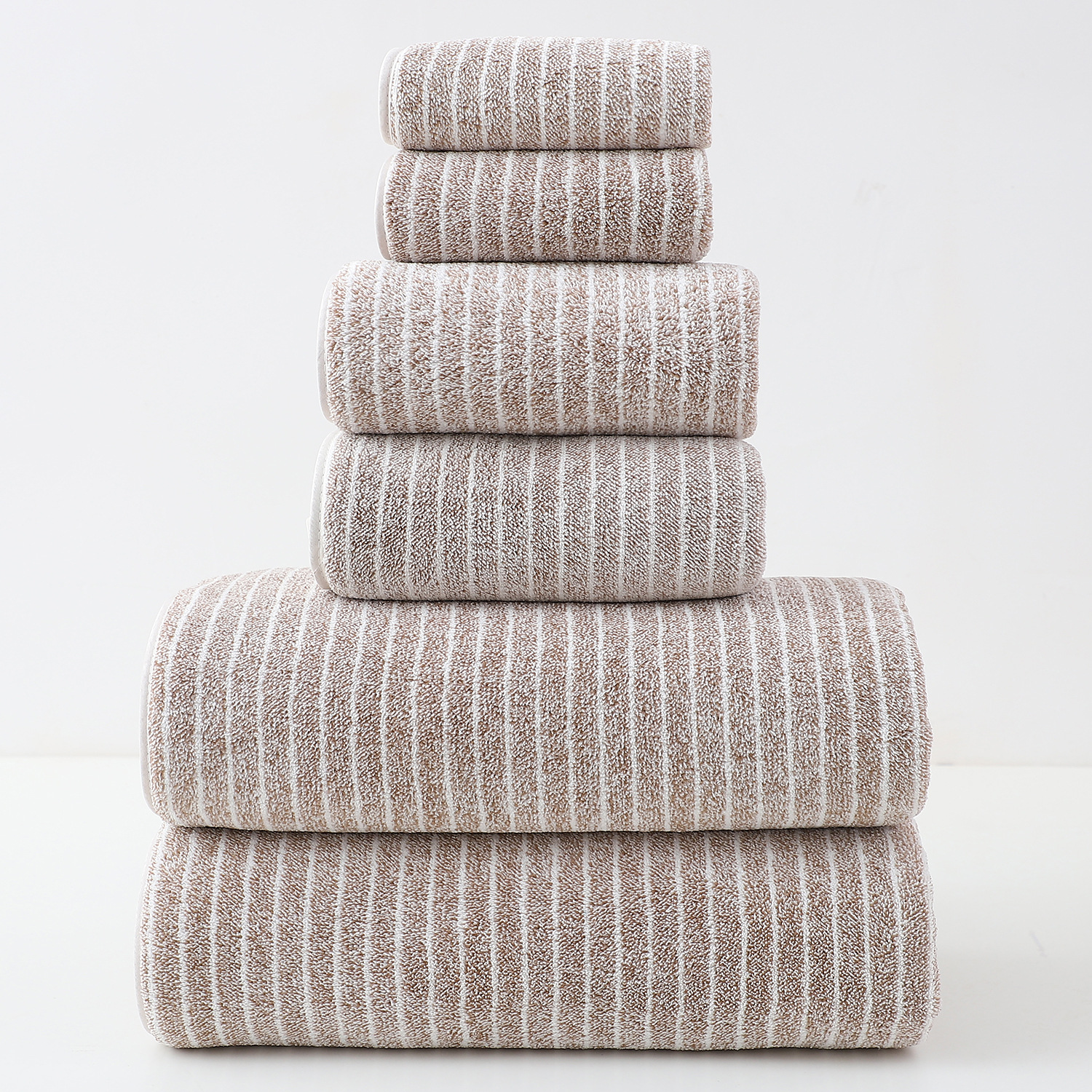 Luxury Cotton Striped Towel Set - 6 Piece Set (2 Hand Towels, 2 Bath Towels, 2 Washcloths), Ultra Soft and Absorbent (Brown)