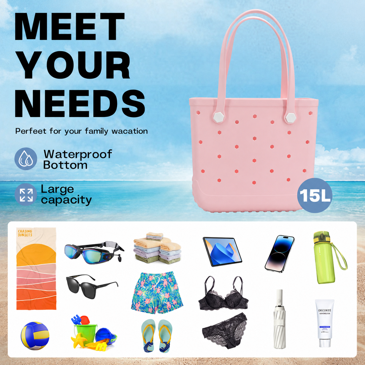 Waterproof Hexagon Mesh Beach Bag - Large Capacity Travel Storage Tote for Swimwear Towel Sunglasses - Flesh Pink Medium 37x32x13cm — image 3