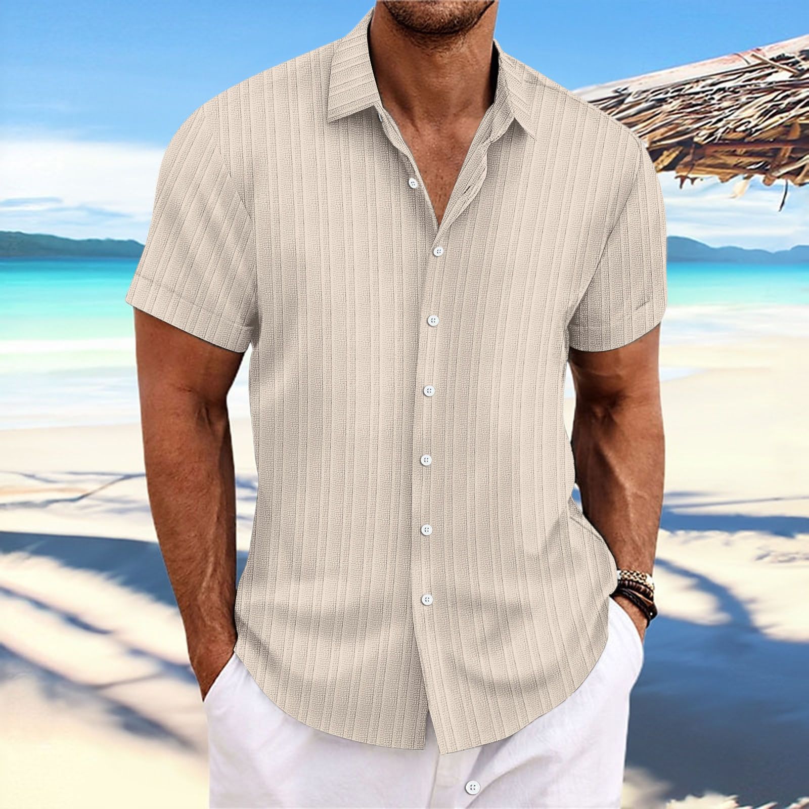 Men Cotton Linen Striped Casual Shirt Peach โ image 5