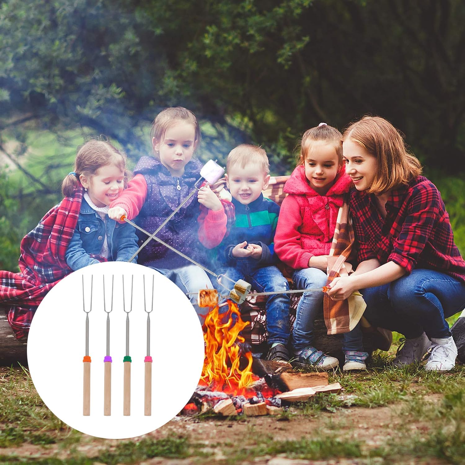 Marshmallow Roasting Sticks Smores Kit Telescoping Long 31 to 81cm Smores Sticks Hot Dog Fork Barbecue Forks for Grilling Campfire Camping BBQ 4 Pack — image 4